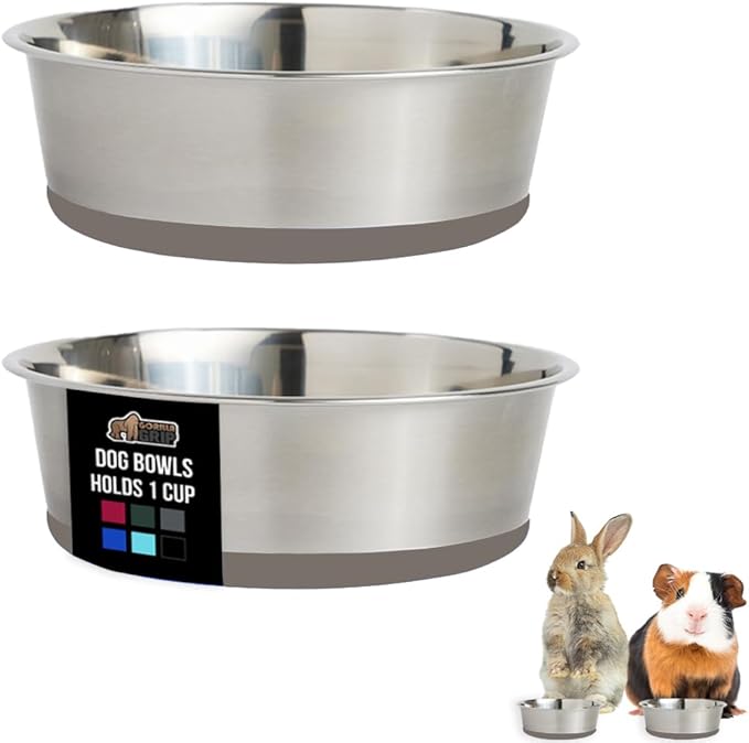 GORILLA GRIP Dog Bowls, Holds 1 Cup Each (8 fl oz), Heavy Duty Stainless Steel Food and Water Bowl for Feeding Dogs and Cats, Dishwasher Safe, Rust Resistant Metal BPA Free Rubber Base, Set of 2 Beige