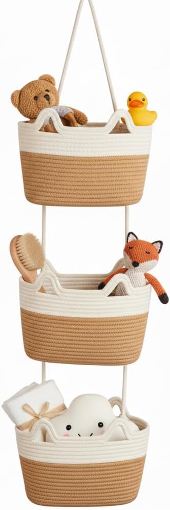 Wall Hanging Baskets, 3-Tier Cotton Over Door Organizer, Decorative Hanging Wall Basket for Wall, Door, Nursery, Living Room, Bathroom, Cat-Like Design Boho Decor, White & Jute