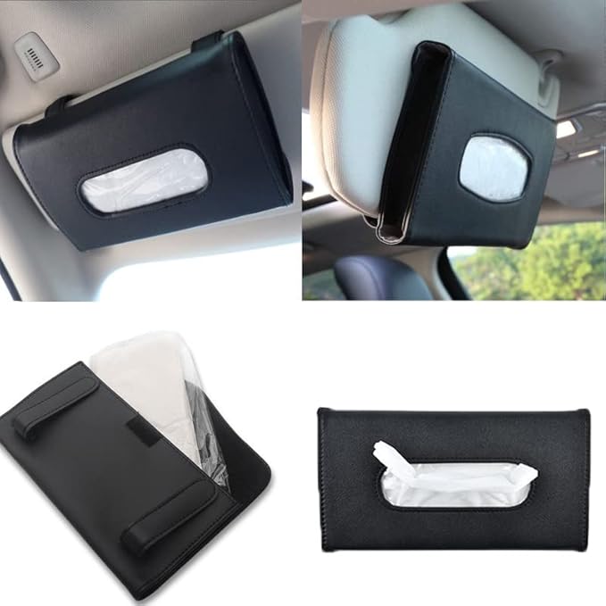 YVPSI Car Tissue Holder Sun Visor Napkin Holder with Tissue Refill Car Mask Holder PU Leather Tissue Box Tissue Box Holder Hanging Tissue Holder Mask Dispenser for Car (Black)