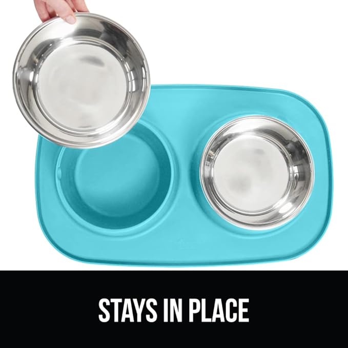 GORILLA GRIP Feeding Mat Set, 4 Cup, Patent Pending 100% Waterproof BPA Free Silicone, Stainless Steel Cat and Dog Bowls, Slip Resistant, Edges Catch Water Food, US Designed Pet Accessories, Turquoise