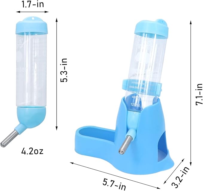 Wontee 3 in 1 Hamster Water Bottle Small Pet Automatic Water Dispenser with Food Container Base Hideout for Dwarf Hamster Mice Gerbils, 2 Pack (Blue, 125ML)