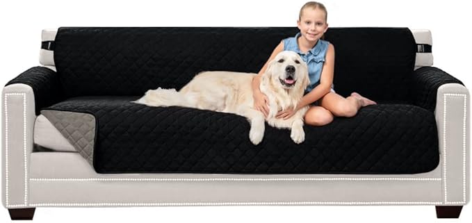 Sofa Shield Couch Slip Covers for Dogs, Reversible Furniture Protector with Strap, Stain and Tear Resistant Cushion Cover, 78 inch Seat, Machine Washable Slipcover Pets, Cats, Black Gray