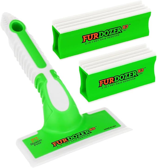 FurDozer Pet Hair Remover & Auto Detailing Tools - Cat & Dog Hair Remover for Carpets, Car Interiors, Couches, Bedding, & Pet Furniture (Green, (3 Pack) - X6, X3 PRO, X3 MINI)