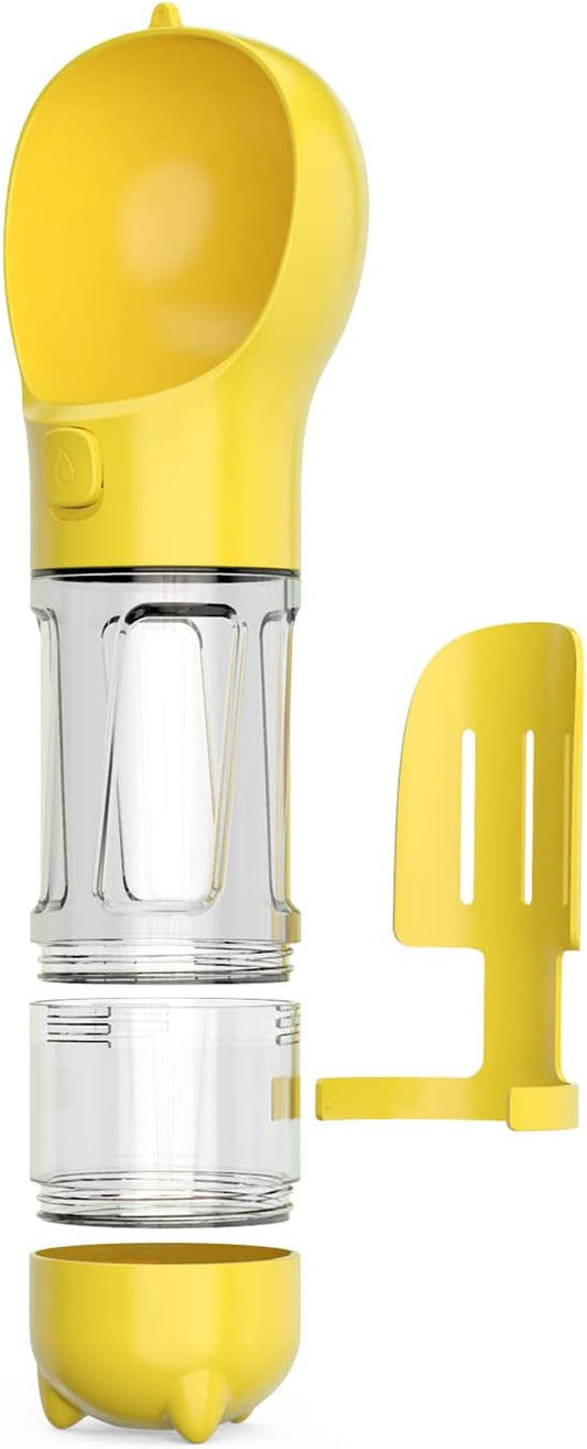 Upgraded Dog Water Bottle,Multifunction with Detachable Food Container and Poop Bags Dispenser,External Trash Shovel,Leakproof,Pet Travel,Outdoor Activity Necessities,Yellow(10.56fl oz)