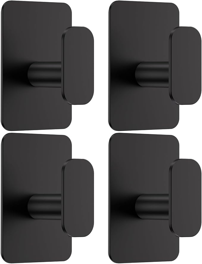 Heavy Duty Self Adhesive Hooks - 26lb Max, Sticky Wall Hooks Stainless Steel for Hanging Towel, Coat, Robe, Waterproof & Rustproof Hooks Stick on Bathroom, Shower, Kitchen (Black, 4 Pack)