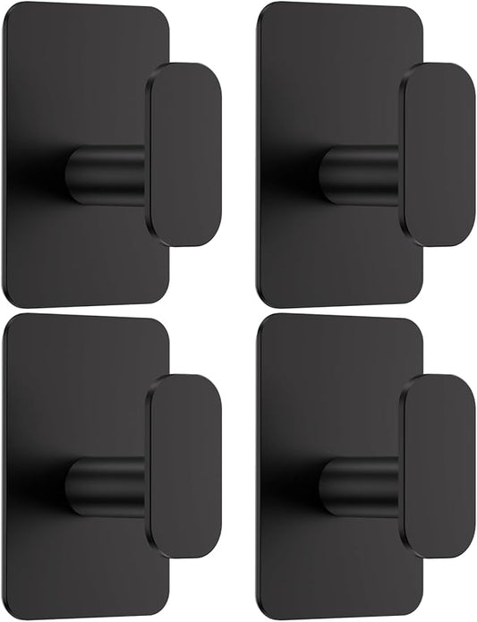 Heavy Duty Self Adhesive Hooks - 26lb Max, Sticky Wall Hooks Stainless Steel for Hanging Towel, Coat, Robe, Waterproof & Rustproof Hooks Stick on Bathroom, Shower, Kitchen (Black, 4 Pack)