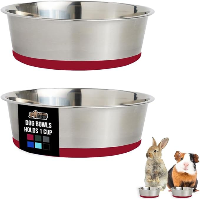 GORILLA GRIP Dog Bowls, Holds 1 Cup Each (8 fl oz), Heavy Duty Stainless Steel Food and Water Bowl for Feeding Dogs and Cats, Dishwasher Safe, Rust Resistant Metal, BPA Free Rubber Base, Set of 2 Red