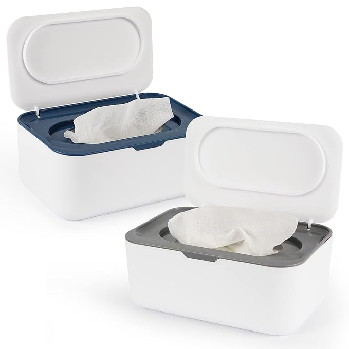 Flenpptly 2 Pack Baby Wipes Dispenser, Wipes Case Baby Wipe Holder Keeps Wipes Fresh, Non-Slip, Easy Open & Close (Grey and Blue)