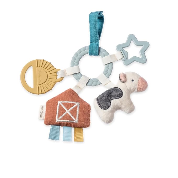 Itzy Ritzy Teething Activity Toy - Bitzy Busy Ring Infant Teething Toy Features Braided Ring & Dangling Toys, Includes Teether, Textured Ribbons, Crinkle Sound & Jingle Bell - 0 Months & Up (Farm)