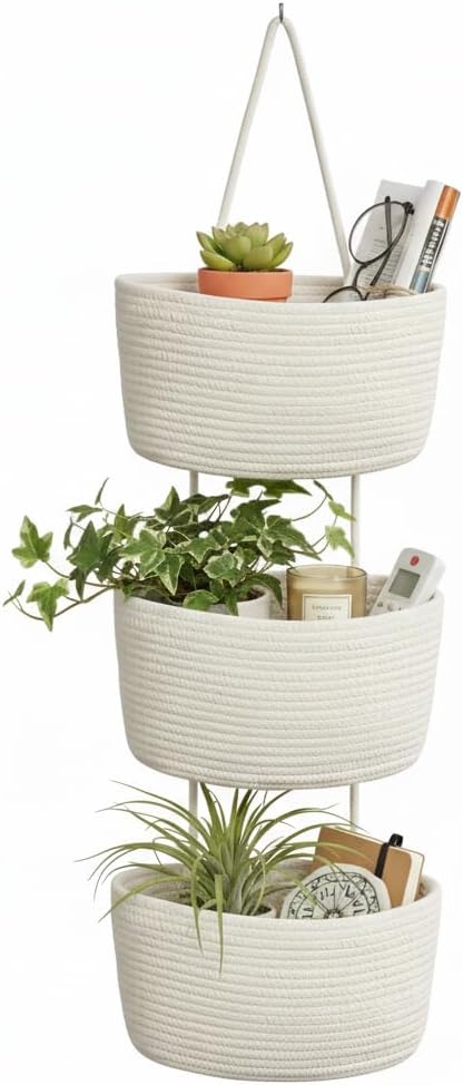 Over the Door Hanging Basket, Decorative Hanging Basket Storage, Organizing, Wall Basket Decorative Boho Decor for Nursery, Bedroom, Living Room with 4 Hooks, Whte