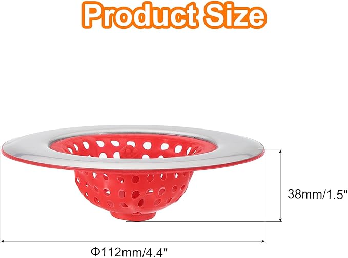 uxcell Silicone Sink Strainer, 2Pcs Kitchen Sink Drain Strainer Stopper with Stainless Steel Edge 4.4" Diameter Rim, Red