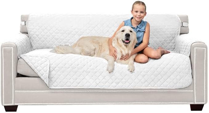 Sofa Shield Couch Slip Covers for Dogs, Reversible Furniture Protector with Strap, Stain and Tear Resistant Cushion Cover, 70 inch Seat, Machine Washable Slipcover Pets, Cats, White