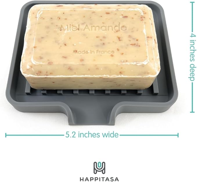 Happitasa Silicone Soap Dish Tray and Sponge Holder with Drain Chute, Pack of 2 | Bathroom and Kitchen Sink Organizer Caddy (Grey, 5.2"x4", 7.2 Ounces)