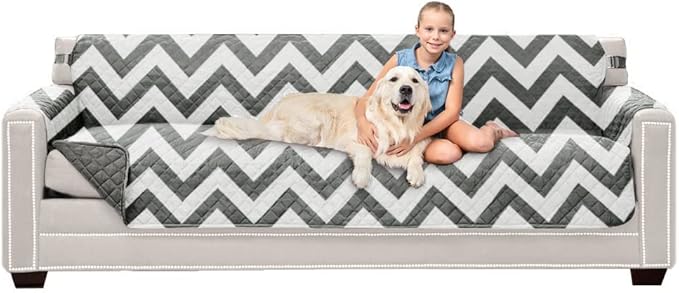 Sofa Shield Couch Slip Cover with Patented Strap, Cushion Protector, US Designed Reversible Stain and Dog Tear Resistant Slipcover, 88 inch Seat, Washable Covers for Dogs Pets, Chevron Gray