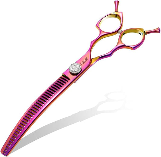 Professional Curved Chunkers Shears Dog Grooming 7.5'' Rainbow Curved Thinning Scissors for Large Dogs, 35 Teeth, Japan 440C Stainless Steel, Purple