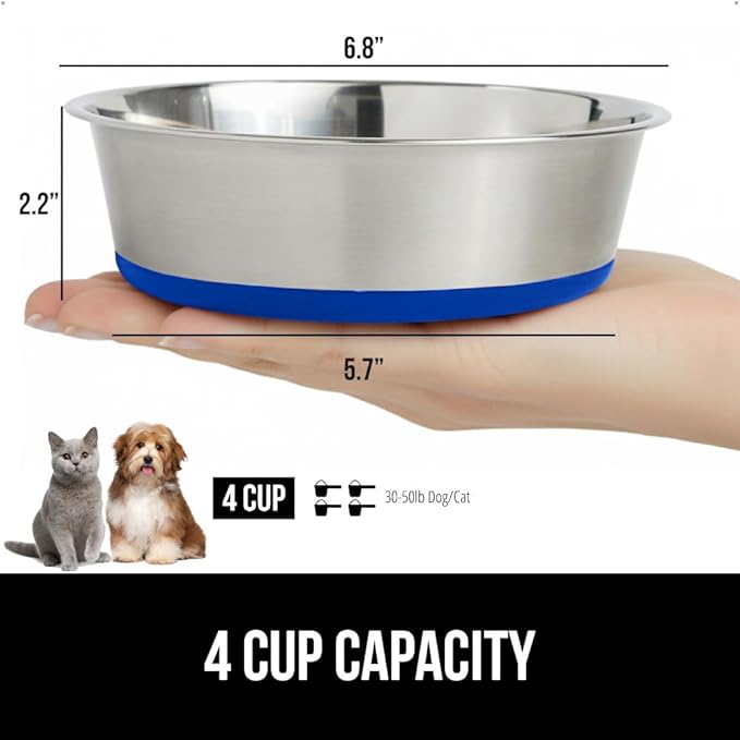 GORILLA GRIP Dog Bowls, Holds 4 Cups Each (32 fl oz), Heavy Duty Stainless Steel Food and Water Bowl for Feeding Dogs and Cats, Dishwasher Safe, Rust Resistant, BPA Free Rubber Base, Set of 2 Blue