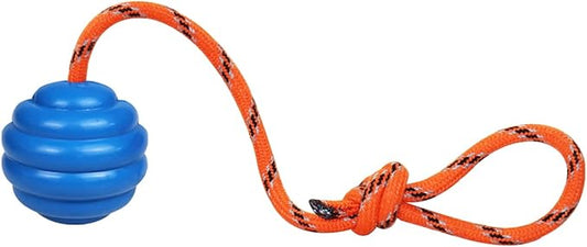K9 Training Ball with Rope - Indestructible Dog Toy for Training, Pull, Throw, Tug and Fetch - Belgian Malinois Gifts (Blue)
