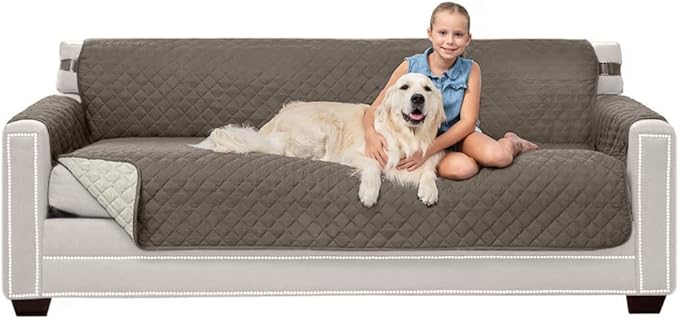 Sofa Shield Couch Slip Covers for Dogs, Reversible Furniture Protector with Strap, Stain and Tear Resistant Cushion Cover, 78 inch Seat, Machine Washable Slipcover Pets, Cats, Latte Linen