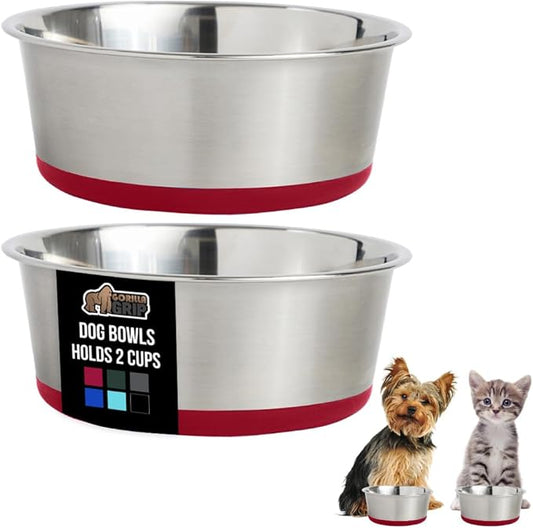 GORILLA GRIP Dog Bowls, Holds 2 Cups Each (16 fl oz), Heavy Duty Stainless Steel Food and Water Bowl for Feeding Dogs and Cats, Dishwasher Safe, Rust Resistant, BPA Free Rubber Base, Set of 2 Red