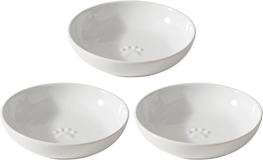 Ceramic Wide Whisker Friendly Cat Dishes, Set of 3 Ceramic Cat Bowls with Paw Print, Anti-Slip Indoor Kitten Feeding Food& Water Dish to Prevent Whisker Fatigue(3 Pcs, White)