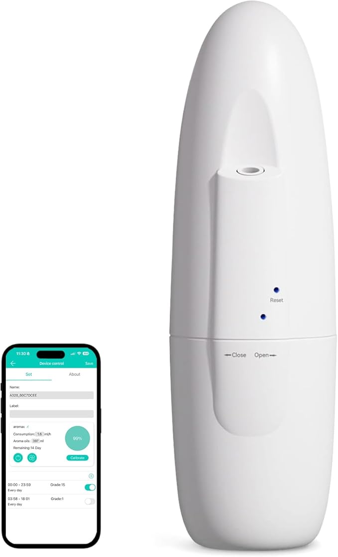 Smart Plug-in Waterless Essential Oil Diffuser -100ml, Range Nano Mist Technology, App/Bluetooth Control, Plug in Diffuser for Large Room, Spa, Office, Kid/Pet Safe - White