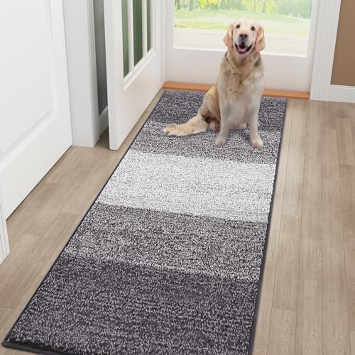 Smiry Dog Door Mat for Muddy Paws, Absorbs Moisture and Dirt, Low-Profile Entryway Mat with Non-Slip Backing, Entry Indoor Outdoor Doormat for Inside Floor (48x30 Inches, Light Grey, Striped)