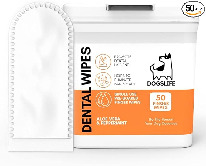 DogsLife Dog Tooth Wipes | Quick & Easy Finger Wipes for Teeth | Remove Tartar & Fight Bad Breath | Naturally Soothing Aloe Vera & Peppermint! Pack of 50 Dog Dental Wipes Teeth Wipes