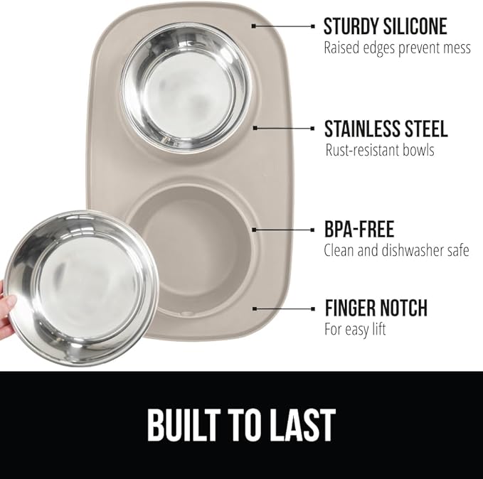 GORILLA GRIP Feeding Mat Set, 4 Cup, Patent Pending 100% Waterproof BPA Free Silicone, Stainless Steel Cat and Dog Bowls, Slip Resistant, High Edges Catch Water Food, US Designed Pet Accessories Beige