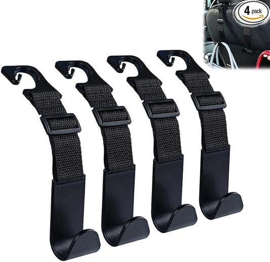 KOOPAO Adjustable Car Seat Headrest Hook, 4 Pack Universal Car Storage Headrest Hanger Holder Hooks, Vehicle Strong and Durable Backseat Hanger for Handbag Purse Coat and Bag