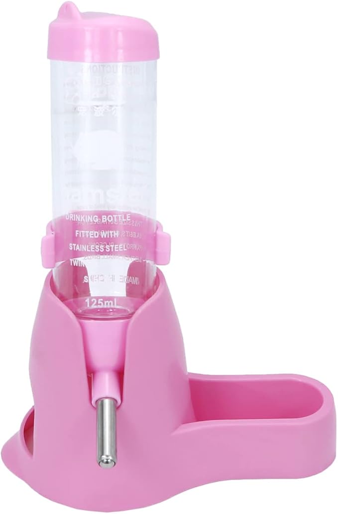 Wontee 3 in 1 Hamster Water Bottle Small Pet Automatic Water Dispenser with Food Container Base Hideout for Dwarf Hamster Mice Gerbils, 2 Pack (Pink, 125ML)