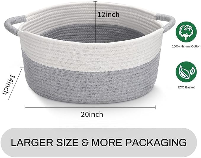 Large Cotton Rope Storage Basket with Handles, Hamper, Laundry Basket, 20 "L x 14" W x 12 "H, Home Decor for Storage Blanket &Toy, etc .(White & Gray）