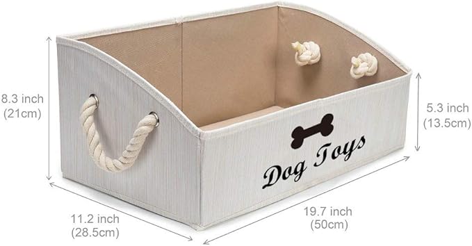 Geyecete Large Dog Toys Storage Bins-Foldable Fabric Trapezoid Organizer Boxes with Weave Rope Handle,Collapsible Basket for Shelves,Dog Apparel(Beige-Dog)