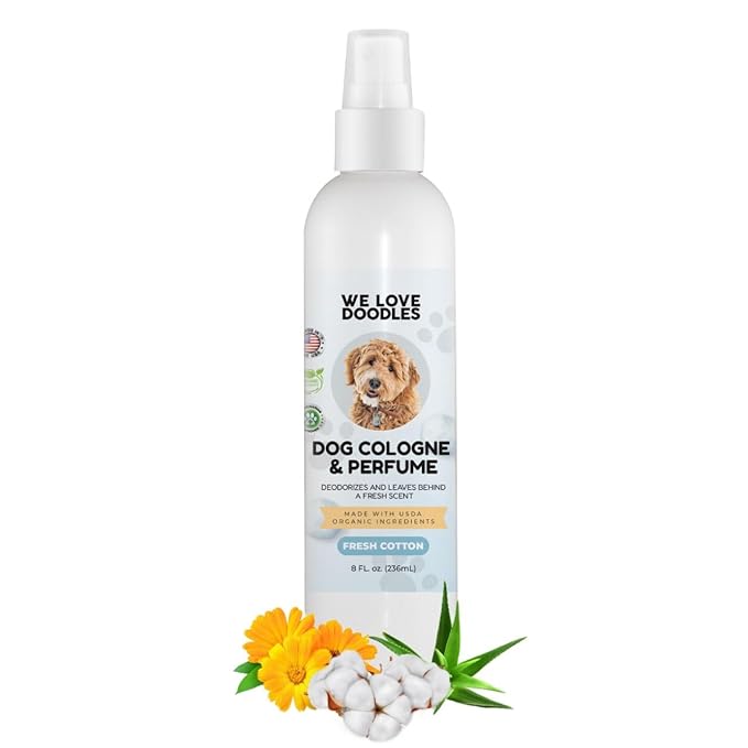 We Love Doodles Dog Cologne & Perfume (Fresh Cotton) and Small Slicker Brush Bundle - Odor Eliminator Spray and Long Pin Brush Kit - Long Lasting Deodorizer - Long Haired Brush For Dogs - Made In USA
