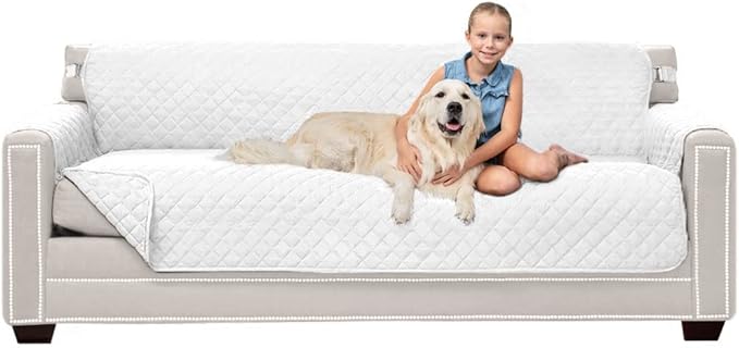 Sofa Shield Couch Slip Cover with Patented Strap, Cushion Protector, US Designed Reversible Stain and Dog Tear Resistant Slipcover, 78 inch Seat, Washable Covers for Dogs Pets Kids, White