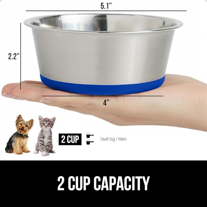GORILLA GRIP Dog Bowls, Holds 2 Cups Each (16 fl oz), Heavy Duty Stainless Steel Food and Water Bowl for Feeding Dogs and Cats, Dishwasher Safe, Rust Resistant, BPA Free Rubber Base, Set of 2 Blue