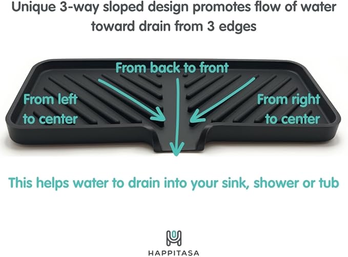 Happitasa Silicone Soap Dish Tray and Sponge Holder with Drain Chute and Feet | 3-Way Sloped Design | Bathroom and Kitchen Sink Organizer Caddy (Smoky Blue, 10"x4")