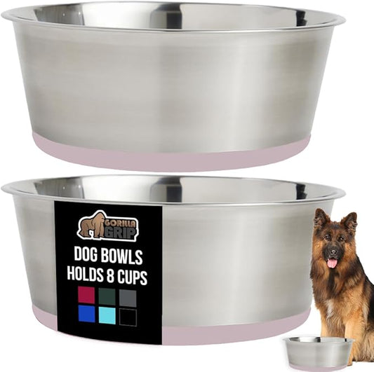 GORILLA GRIP Set of 2 Dog Bowls, Holds 8 Cups (64 fl oz), Heavy Duty Metal Food and Water Bowl for Feeding Dogs and Cats, Dishwasher Safe, Rust Resistant Stainless Steel, BPA Free Rubber Base, Lt Pink