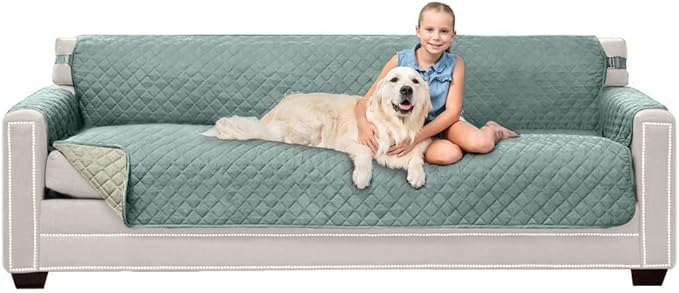 Sofa Shield Couch Slip Covers for Dogs, Reversible Furniture Protector with Strap, Stain and Tear Resistant Cushion Cover, 88 inch Seat, Machine Washable Slipcover Pets, Cats, Seafoam Cream