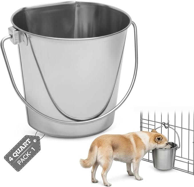 AASPIRE PETS 4 quart Stainless Steel Flat Side Bucket | 1 gal Durable Heavy Duty Food & Water Feeding Pails for Birds Dogs Cats Goat | Fits kennels Cages Critter Crates Hanging Pet Pail | Multipurpose