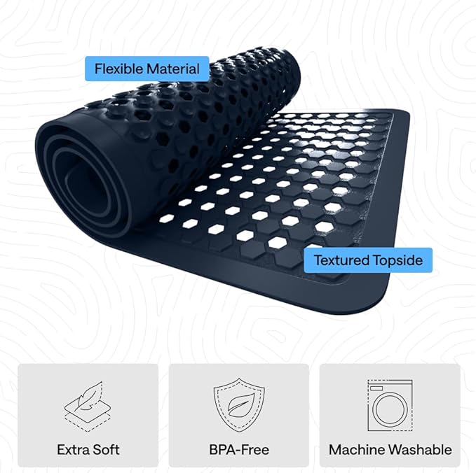 GORILLA GRIP Patented Square Shower Stall Mat, Small Bathtub Floor Mats for Stand Up Showers, Suction Cups and Drainage Holes, Machine Wash, Soft on Feet, Bathroom Accessories 21x21 Inch, Navy Opaque