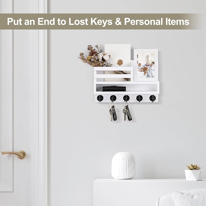 Lucundm Key and Mail Holder Wall Mount, Key Hanger with Long Storage Box and 5 Hooks for Coat, Dog Leash, Home Decor Rack, House Accessories, Entry Way Organizer 11.8”W x 7.8”H x 3.2”D
