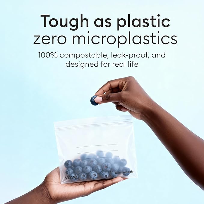 Vove Compostable Snack Bags, Small 50 Count – Freezer Safe, Leak Resistant, Non Toxic, Writable & Reusable Food Storage, Plastic-Free Eco Bags