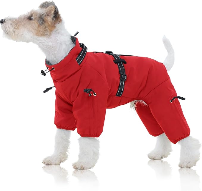 FUAMEY Full Body Dog Coat,Warm Dog Fleece Jackets with Harness Built in Windproof Dogs Snowsuit Zip up Pet Four Legged Pets Jumpsuit Winter Outfit Cold Weather Coats for Extra Small Dogs Red XS