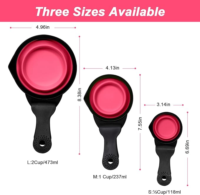 PNEUICALLY Collapsible Dog Food Scoop Foldable Pet Food Bag Clip 3 in 1 Multi-function Silicone Cat Food Measuring Cup Scoop Dog Food Scooper Pet Food Storage Clip (Rose Red, 2 Cup Capacity(1 Pack))