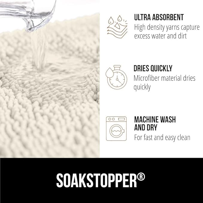GORILLA GRIP SOAKSTOPPER Dog Door Mat, 30x20 Machine Washable Rug Absorbent Doormat Captures Moisture Mud Dirt, Quick Dry Soft Chenille Entryway Rugs Indoor Entrance Mats for Dog Paws, Cream