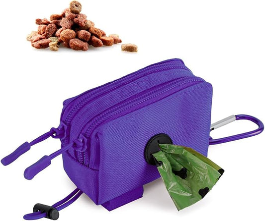 Dog Poop Bag Holder for Leashes, Purple Doggie Waste Bag Dispenser and Treat Holder, with Carabiner Hook and Poop Bag Clip, Used Waterproof Wear-Resistant Fabric and 2 Zippered Pouches for Walking