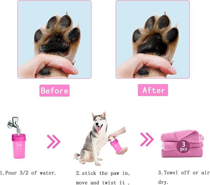 Kabetig Quick Clean Dog Paw Cleaner 5-in-1 Kit, Pink (Medium) - No Full Bath Needed, Post-Walk Paw Clean - with Silicone Bath Brush, 3 Microfiber Towels - Fits Corgi 1.2-2.5 In (3.05-6.35 cm)