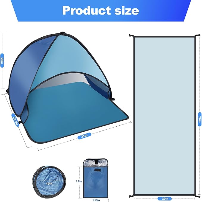 Beach Tent for Pet Shade Pop Up Portable Mini Head Sun Shelters Canopy with Beach Blanket for Camping Outdoor Hiking Picnic Windproof Waterproof with Tent Nails Phone Stand (Blue)