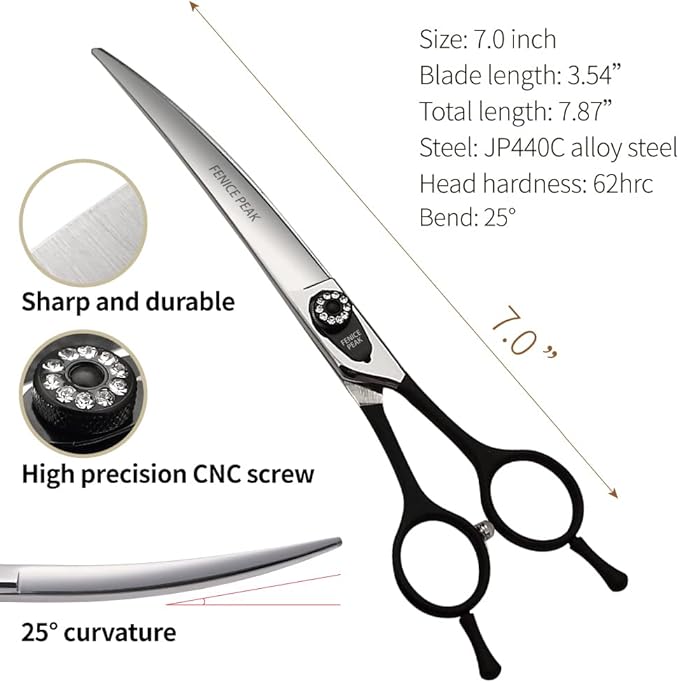FENICE PEAK Dog Grooming Curved Scissors for Pets, Japan 440C Stainless Steel, Sharp Blade, Suitable for Beauticians (7.0 Inch)