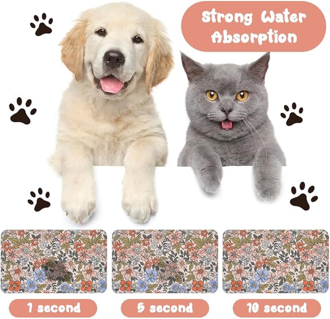 Dog Food Mats for Floors Waterproof, Cat Water Bowl Mats Pet Feeding Absorbent Placemats Flower 17 * 30 inch